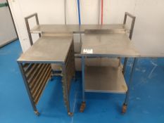 Three various stainless steel racked trollies and tables