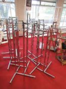 Five chrome adjustable high clothes stands, two mannequins