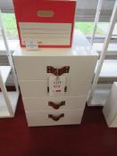 One 4-drawer storage unit, 1 x single door storage cupboard, 2 x cubes displays