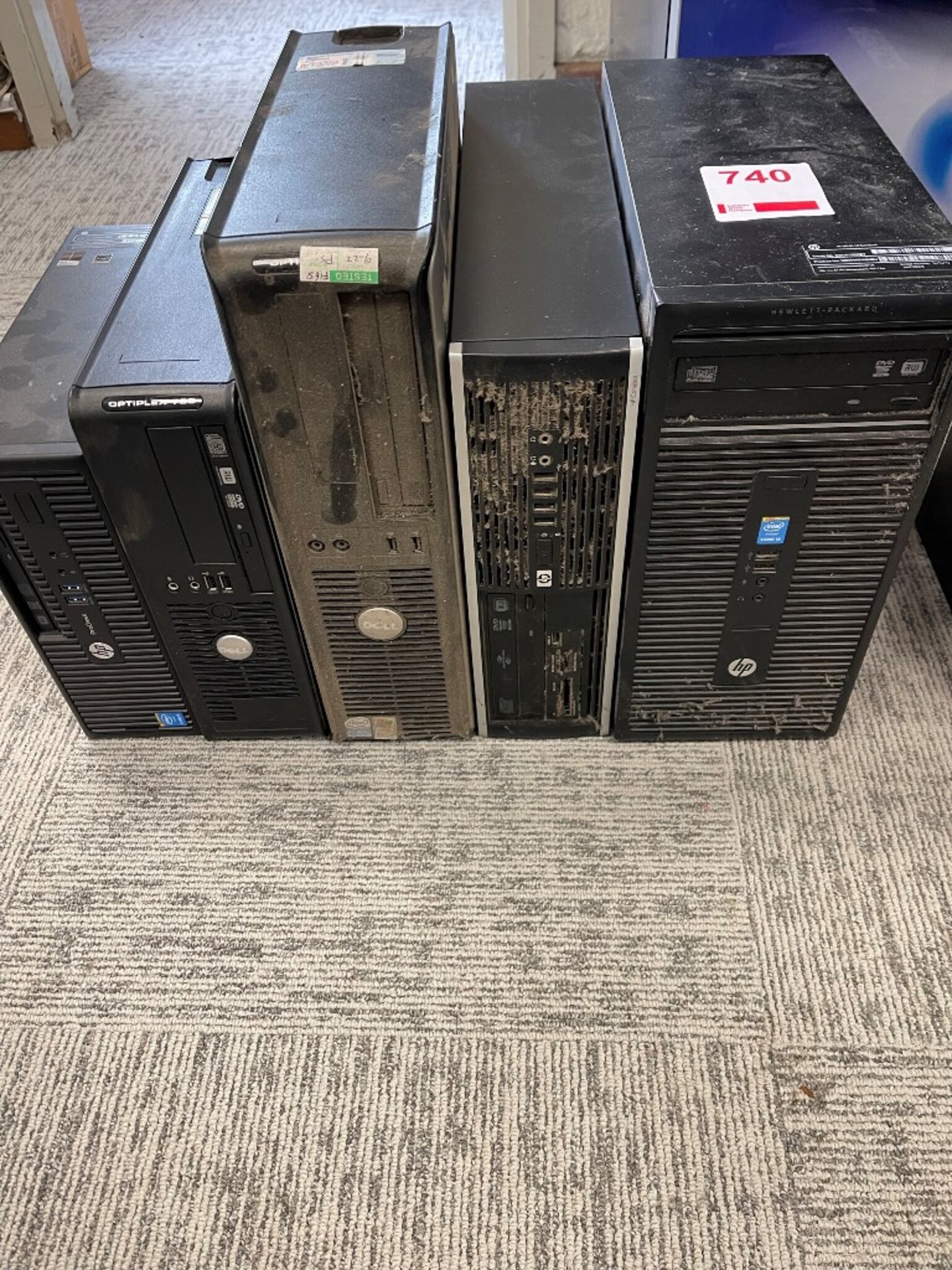 Five various computer towers including HP & Dell