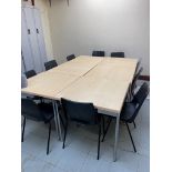 Six light wood effect tables, 800mm x 800mm plus 10 chairs