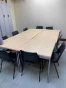 Six light wood effect tables, 800mm x 800mm plus 10 chairs