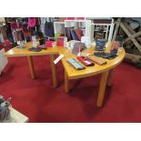 Two light wood effect tables, 1.7m x 900mm (excluding contents) and one wood effect table 750 x