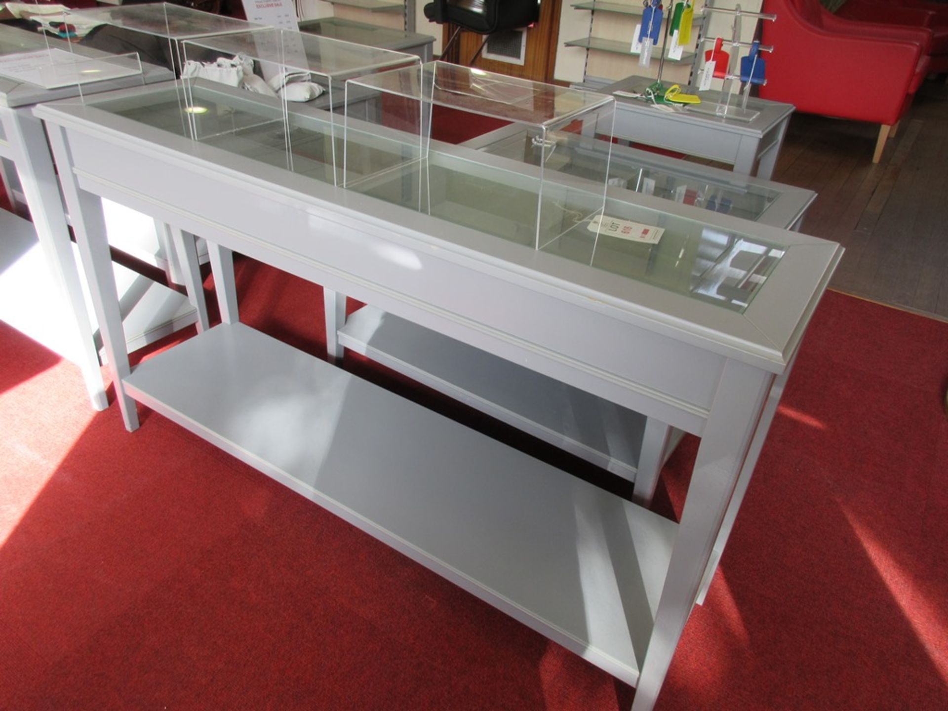 Three grey glazed topped display tables, 1 x 930 x 930 x 520mm, 1 x 580 x 400 x 600mm, 1 x 1320 x - Image 4 of 7