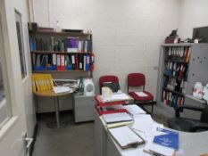 Contents of office furniture including grey laminate corner workstation, two pedestals, metal