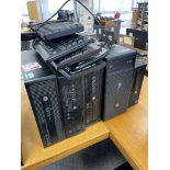 Five various HP computer towers, five keyboards