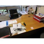 Contents of office including wood effect corner workstation, pedestal unit, metal 2-door storage