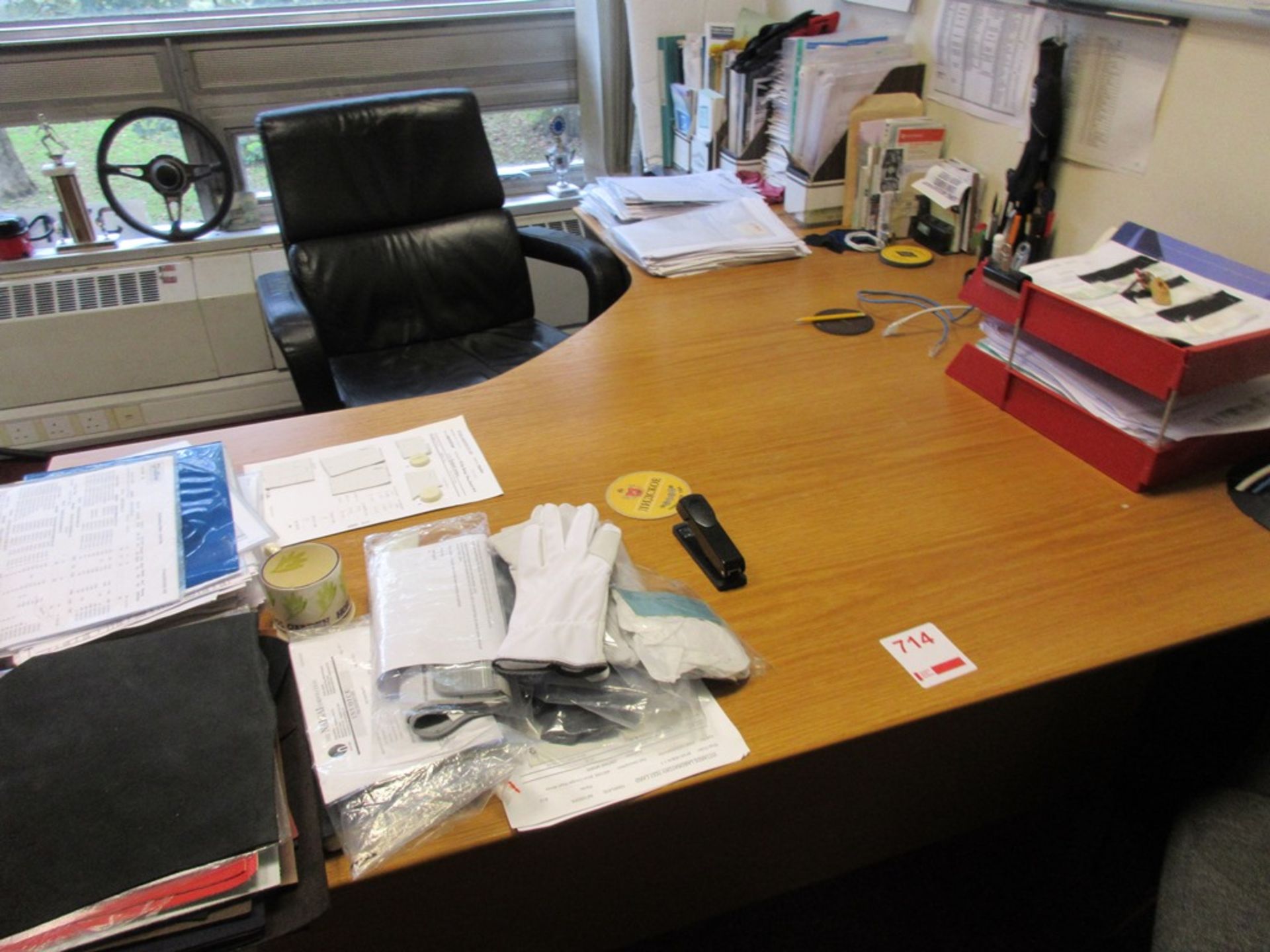 Contents of office including wood effect corner workstation, pedestal unit, metal 2-door storage