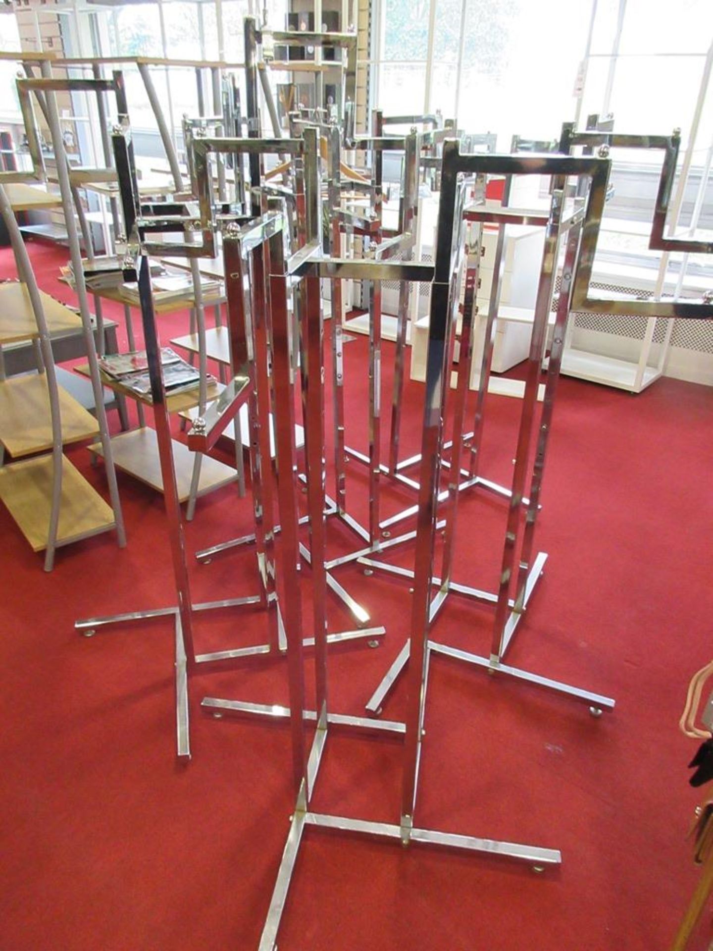 Five chrome adjustable high clothes stands, two mannequins - Image 2 of 4