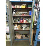 Metal cupboard and contents including screws, relays, cable clips, patch panel etc.