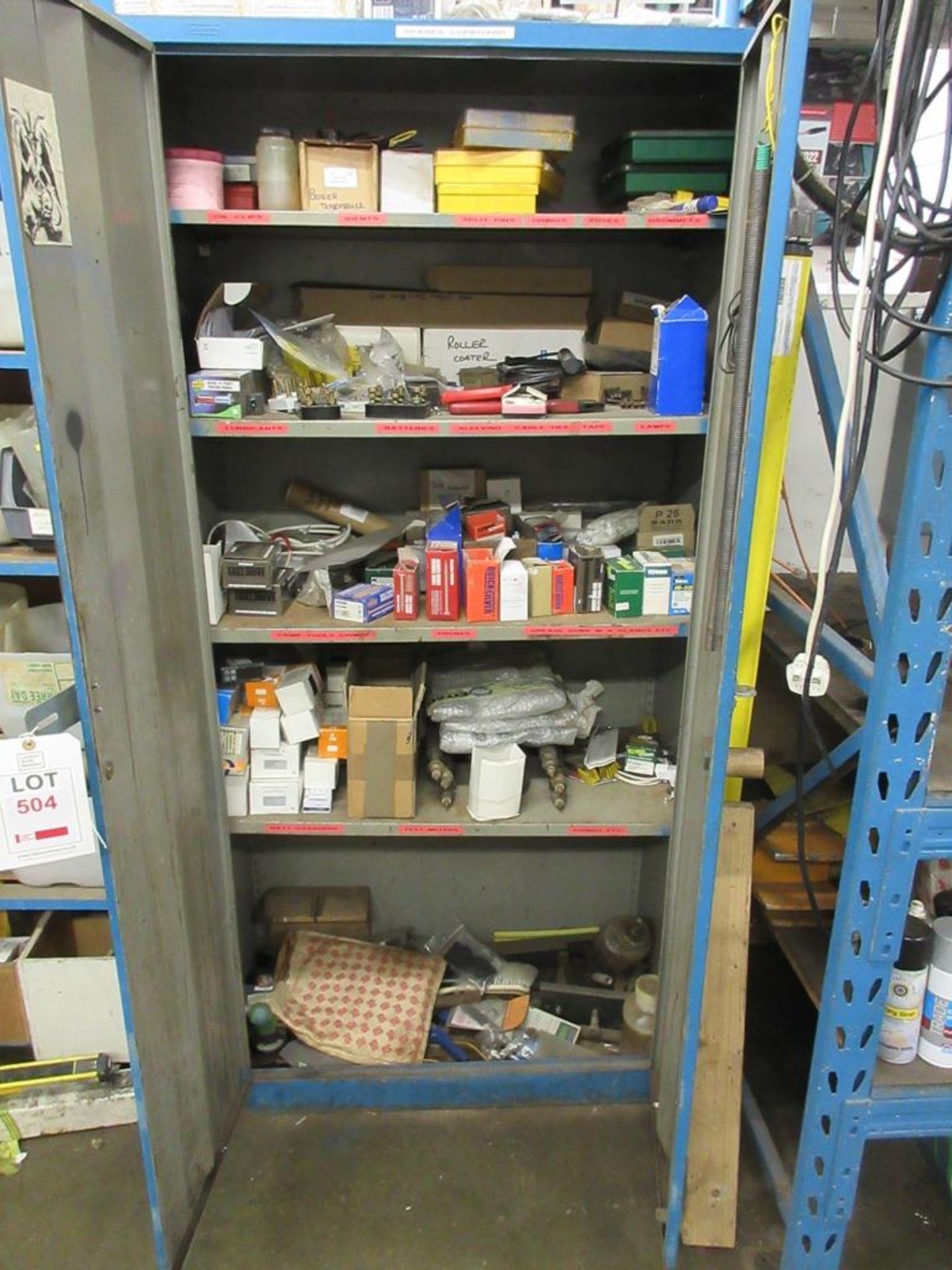 Metal cupboard and contents including screws, relays, cable clips, patch panel etc.