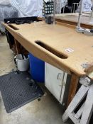 Timber workbenches with single cupboard, waste shoot, overhead lighting, 84" x 37" - electrics to be