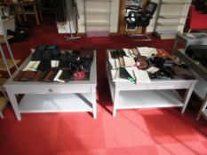 Two glazed top display tables, 930 x 930 x 520mm with drawers (excluding contents)
