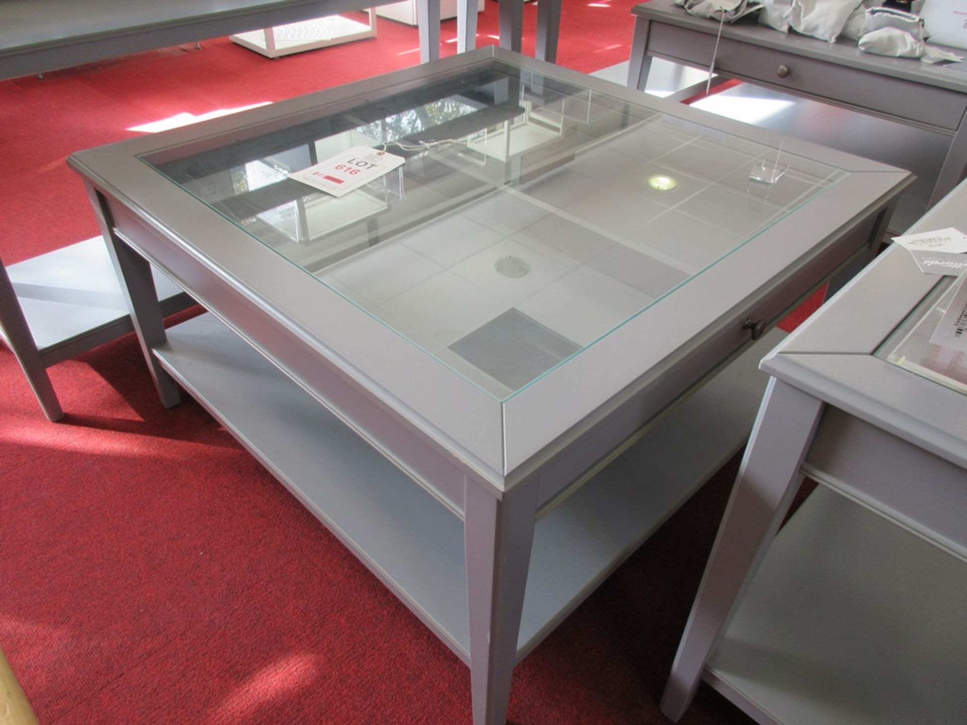 Three grey glazed topped display tables, 1 x 930 x 930 x 520mm, 1 x 580 x 400 x 600mm, 1 x 1320 x - Image 2 of 7