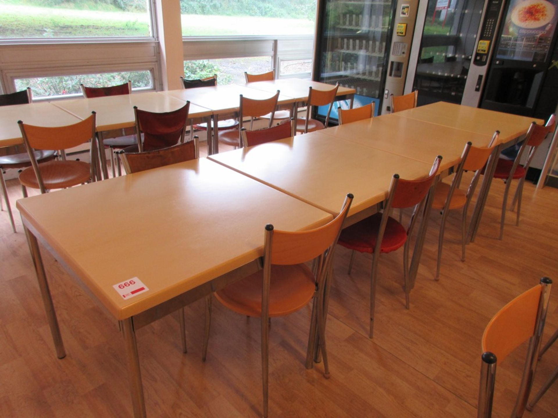 Four canteen tables 800 x 800mm, and eight chairs