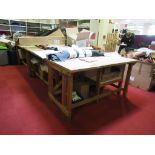 Five timber layout tables, 1556 x 200mm One timber layout table, 1250 x 770mm all with under