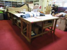 Five timber layout tables, 1556 x 200mm One timber layout table, 1250 x 770mm all with under