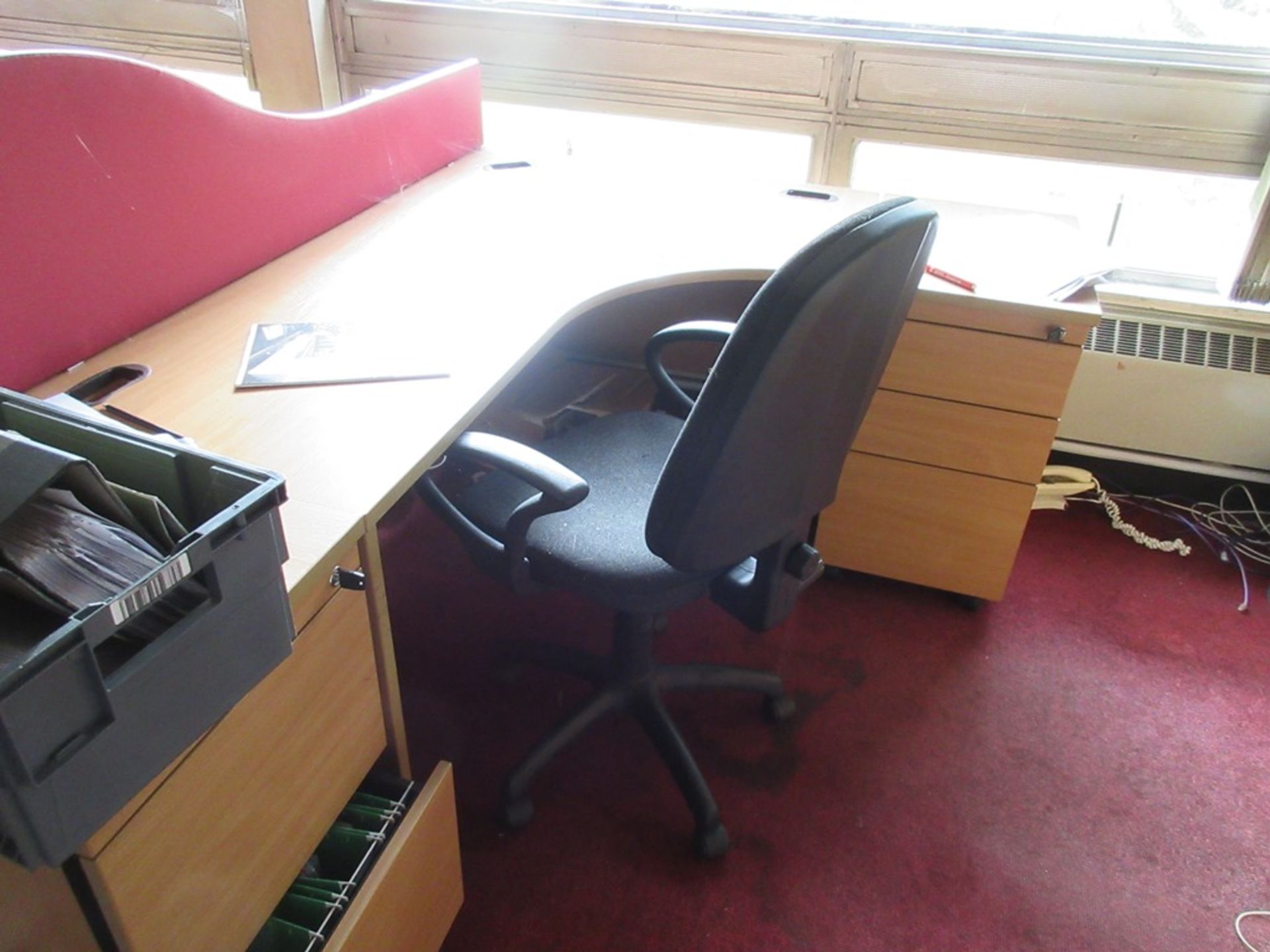 Two light wood effect corner workstations, 4 x pedestals, 1 x leatherette chair, 1 x cloth