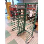 Two 10 shelf mobile trolley racks, metal framed (excludes contents)