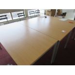 Three wood effect straight tables, 1.5m x 750mm, 1 x wood effect circular high table, dia. 700mm