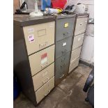 Three 4-drawer filing cabinets, 2 x desks and 2 x chairs - excluding contents