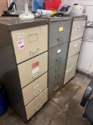 Three 4-drawer filing cabinets, 2 x desks and 2 x chairs - excluding contents