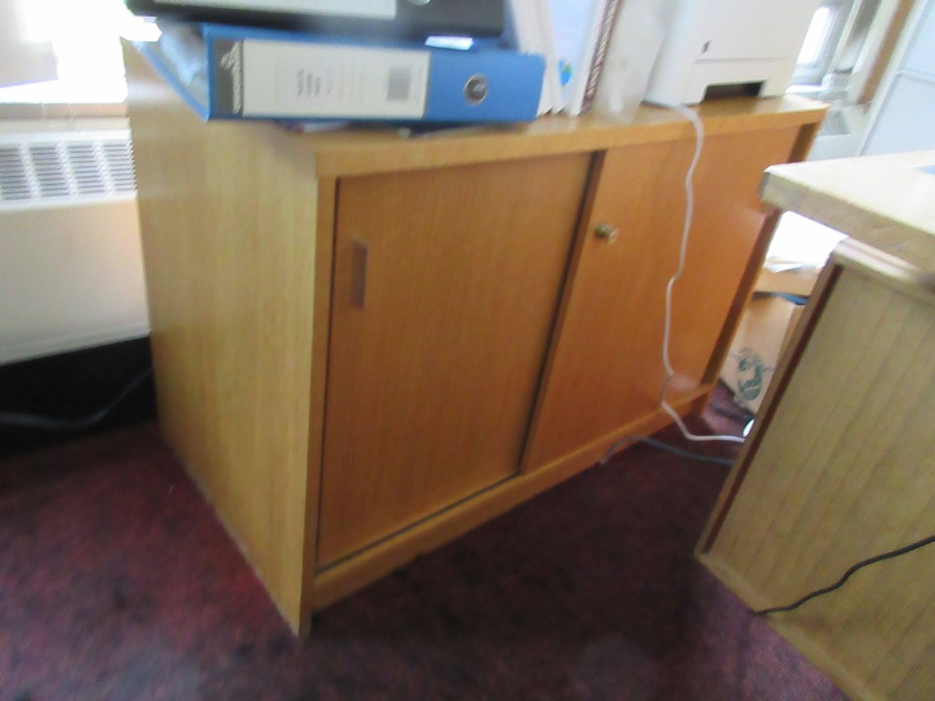 Wood effect double pedestal desk, 3 x wood effect tambour fronted storage cupboards, 2 x wood effect - Image 5 of 6