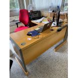 Wood effect 'L' shaped double pedestal desk, upholstered chair, one wood effect table