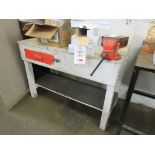 Four timber work benches, 1.2 x 620m, 3 Record No. 3 vices and overhead lights