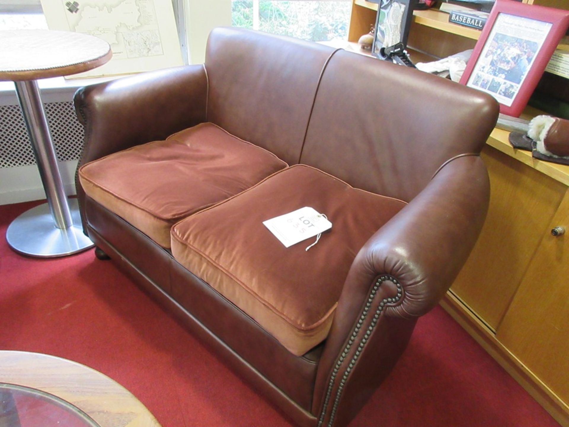 Leather 2-seater brown sofa, with suede cushions