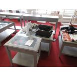 Three grey glazed topped display tables, 1 x 930 x 930 x 520mm, 1 x 580 x 400 x 600mm, 1 x 1320 x