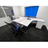2 x white melamine shaped workstations with 2 x matching 3-drawer pedestals and 2 x swivel armchairs
