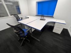 2 x white melamine shaped workstations with 2 x matching 3-drawer pedestals and 2 x swivel armchairs