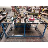 Metal framed workbench on wheels (approximately 200cm (L) x 97cm (H) x 101cm (W)) (Excludes contents