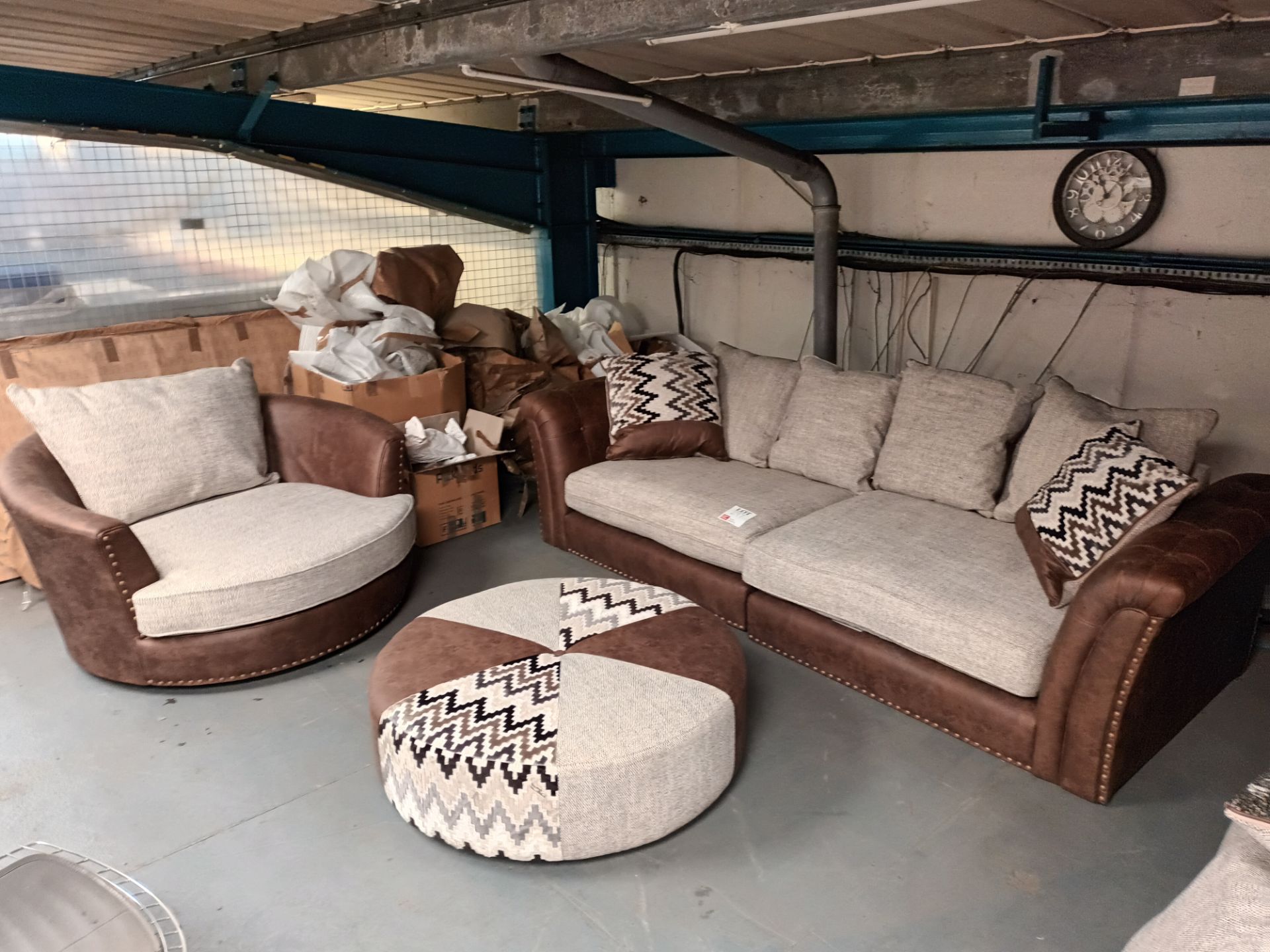 Brown suede effect upholstered Chesterfield style two seater sofa with beige cushions with matching