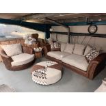Brown suede effect upholstered Chesterfield style two seater sofa with beige cushions with matching
