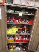 Two door metal cabinet and contents to include various consumables of jigsaw blade, masonary drill b
