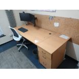 Contents of office to include two various light wood desks with three drawer pedestal units, two ope