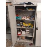 Metal two door cabinet and contents comprising various welding equipment, copper wire, and PPE equip
