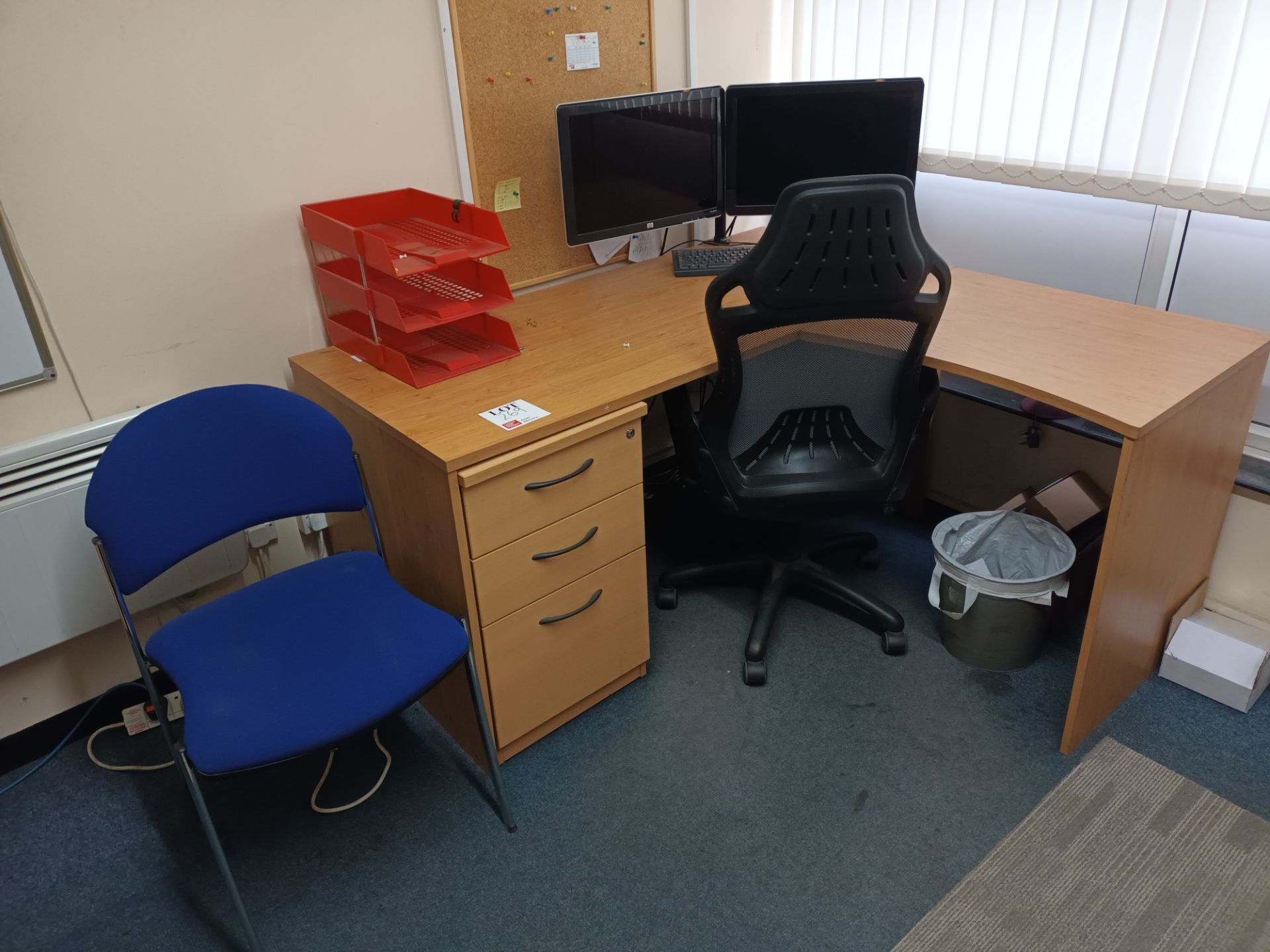 Contents of office to include two various light wood desks with three drawer pedestal units, two ope - Image 2 of 6