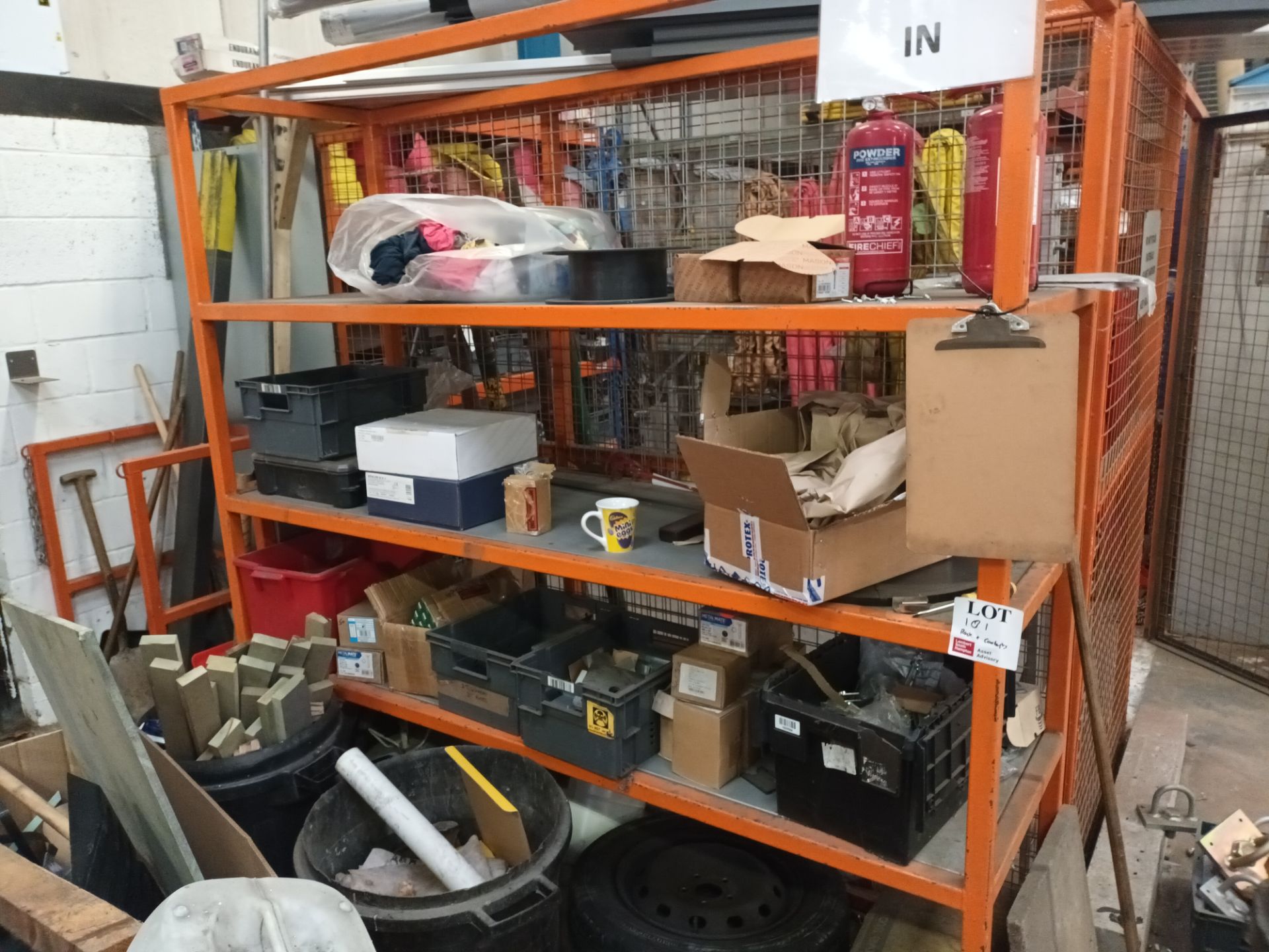 Four tier steel shelving unit and contents to include various nuts, bolts, fixings and welding wire