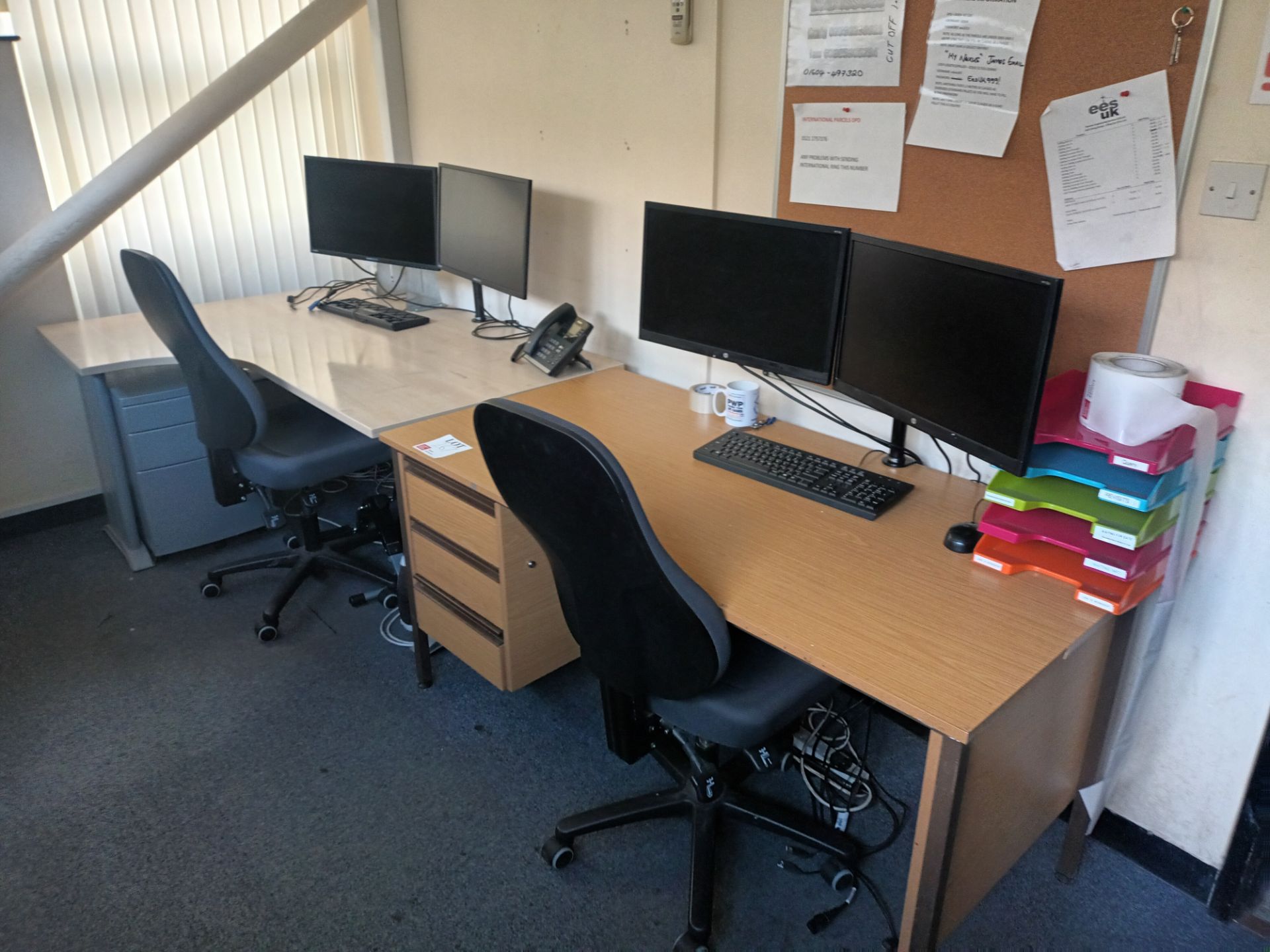 Contents of office to include two various light wood desk, three drawer metal filing cabinet, HP Off - Image 2 of 5