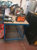 Metal framed workbench on wheels (approximately 200cm (L) x 97cm (H) x 81cm (W)) (Excludes contents)