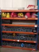 Six tier shelving unit and contents to include lifting eyes, chains, plates, straps etc. (as lotted)