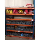 Six tier shelving unit and contents to include lifting eyes, chains, plates, straps etc. (as lotted)
