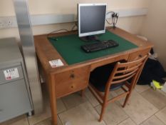 Wood framed desk with fitted four drawers, matching chair and HP monitor screen