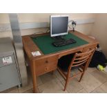 Wood framed desk with fitted four drawers, matching chair and HP monitor screen