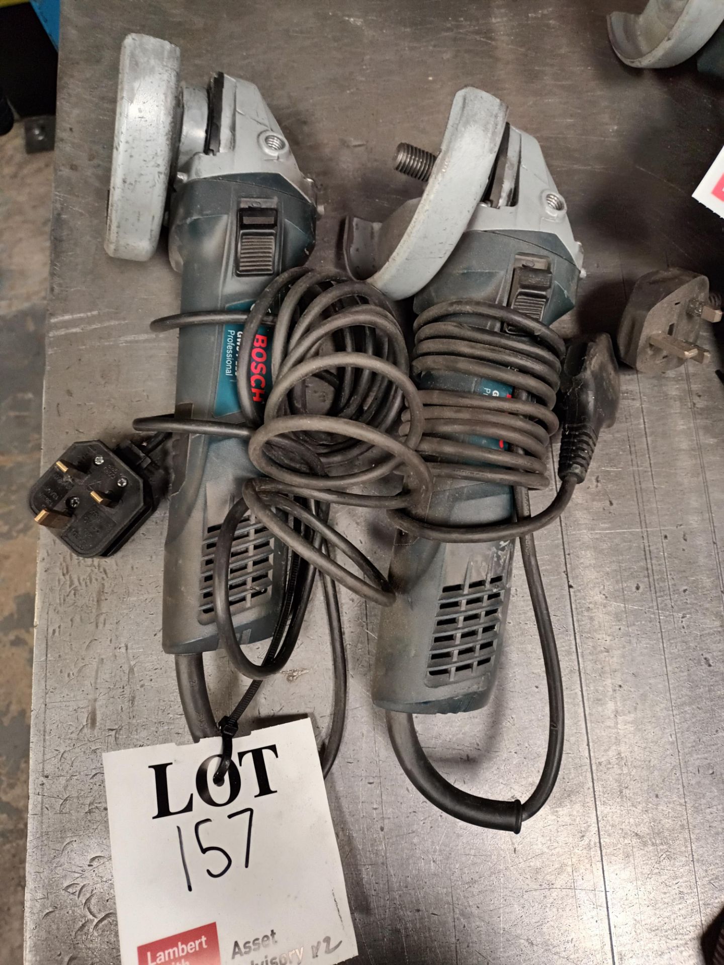 Two Bosch GWS 7-115 angle grinders, 240v