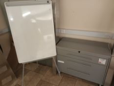 Freestanding whiteboard with metal three drawer cabinet