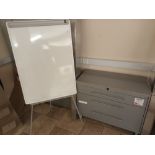 Freestanding whiteboard with metal three drawer cabinet